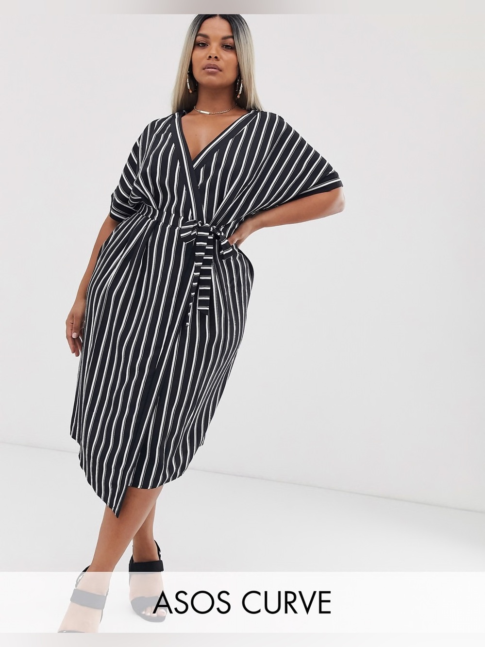 ASOS DESIGN Curve Plus Size wrap midi dress in stripe print 18